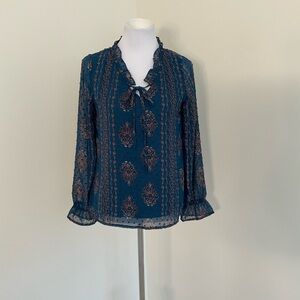 Skies Are Blue Floral Print Teal Blue Women's Blouse